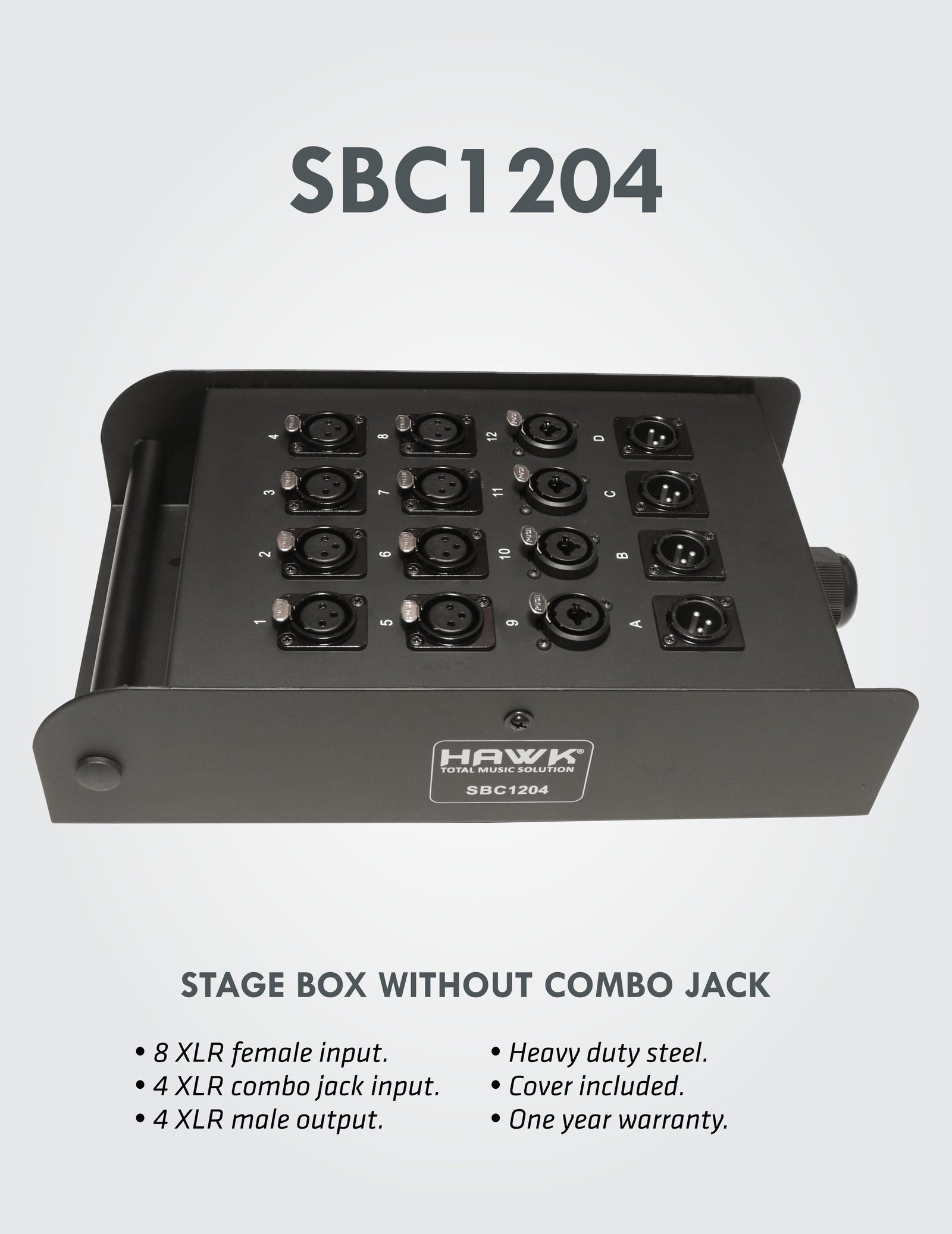 Hawk SBC1204 heavy duty stage box with 8 XLR inputs, 4 combo-jack inputs, and 4 XLR outputs
