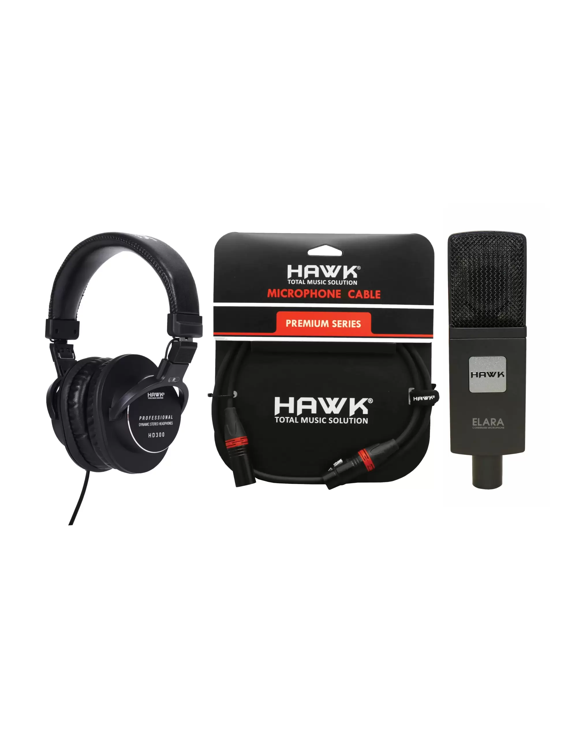 Hawk The Essential Bundle with Elara condenser microphone, HD300 studio headphones, and 3-metre microphone cable