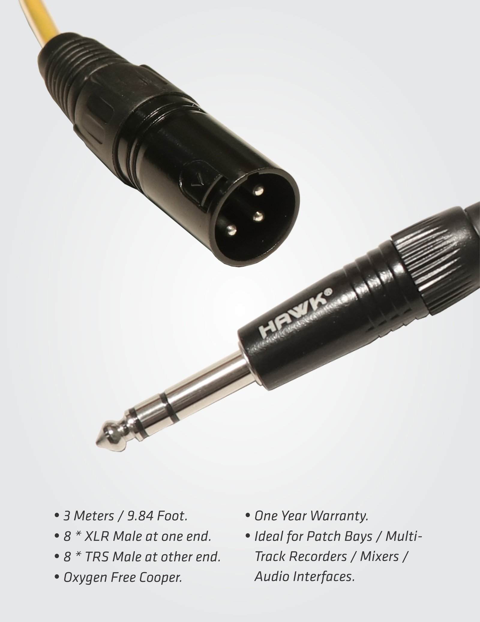 Hawk HXT8LU03 8-channel balanced snake cable with XLR male and 1/4-inch TRS male connectors, 3 meters