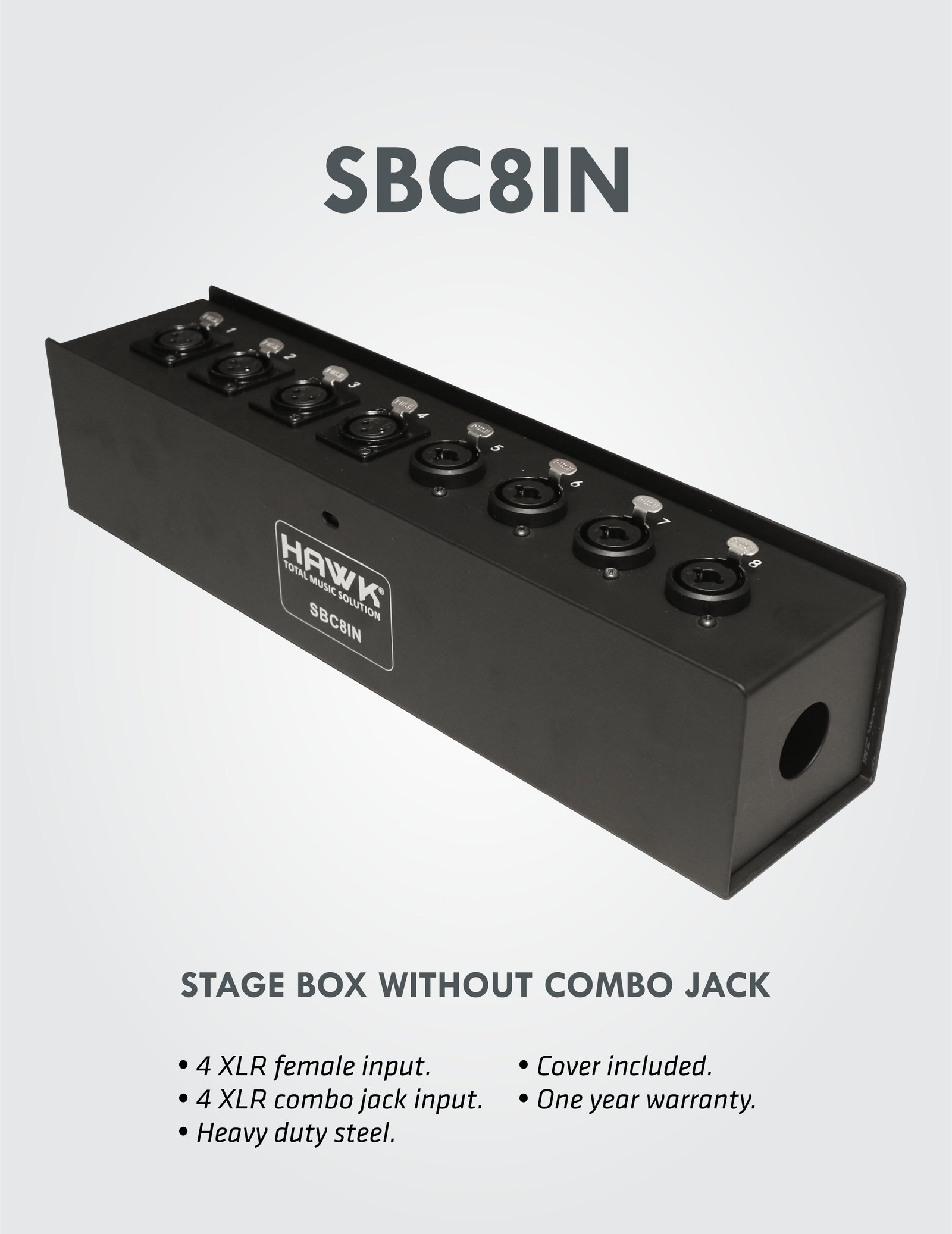 Hawk SBC804 Heavy Duty Stage Box for Snake Cable, 8 Input and 4 Output with connectors