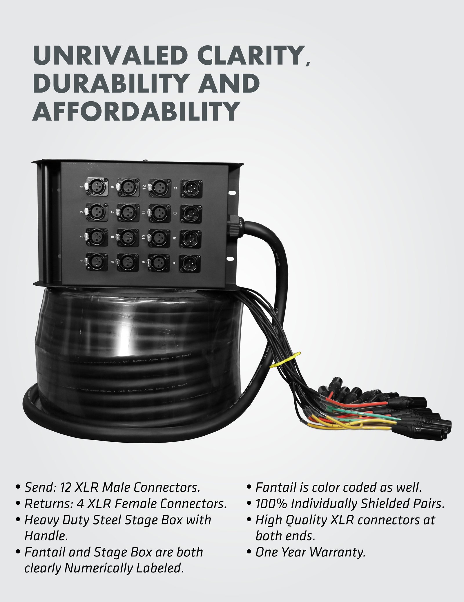 Hawk HSS1204LU30 16 channel snake cable with stage box 30 meters