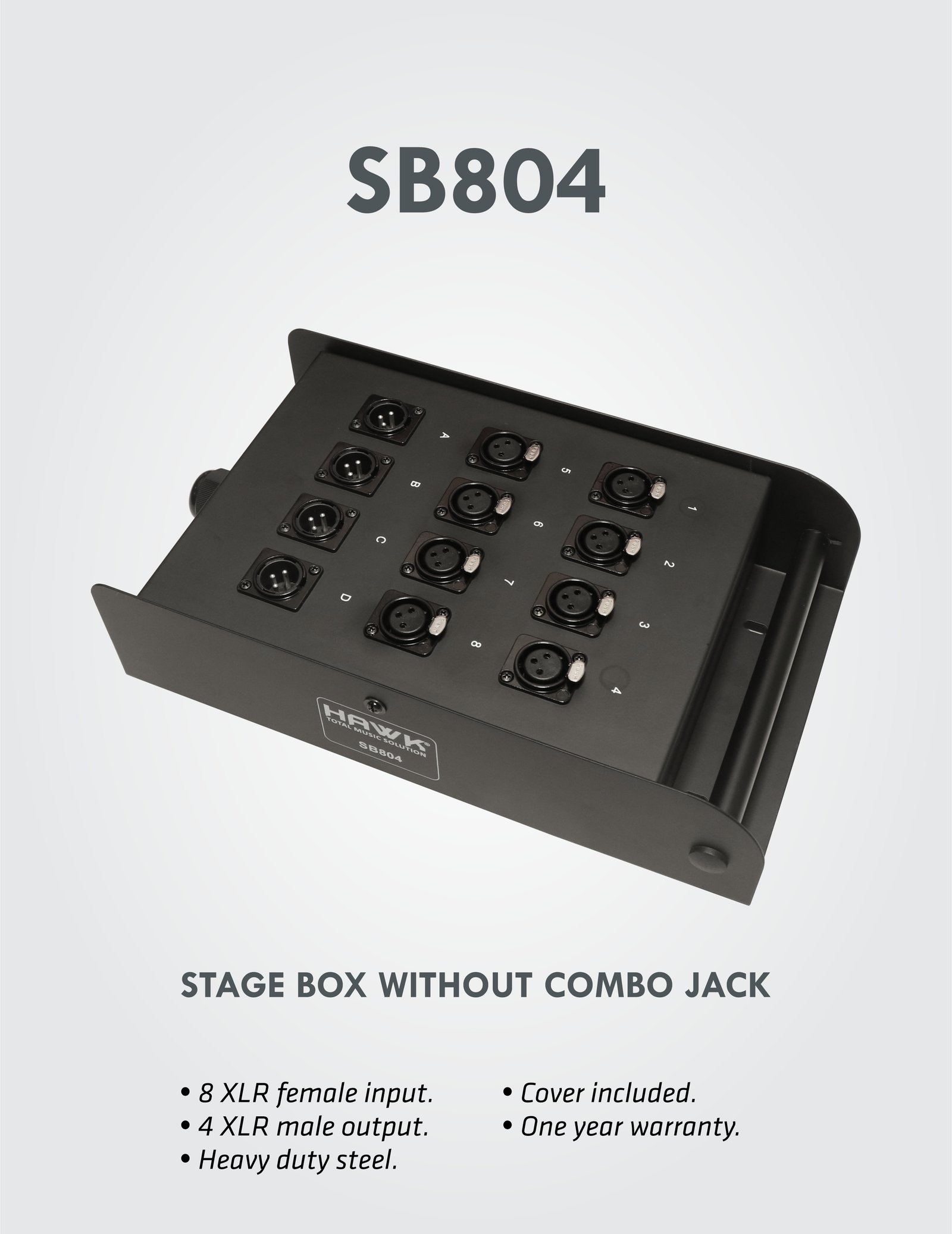 Hawk SB804 heavy duty stage box with 8 XLR inputs and 4 XLR outputs