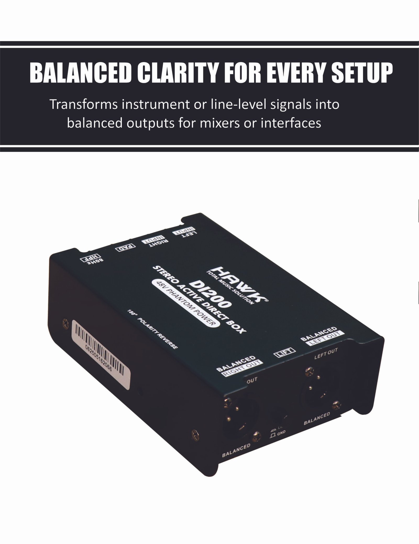 HAWK DI 200 Stereo Active Direct Box with Dual Inputs and Balanced XLR Outputs