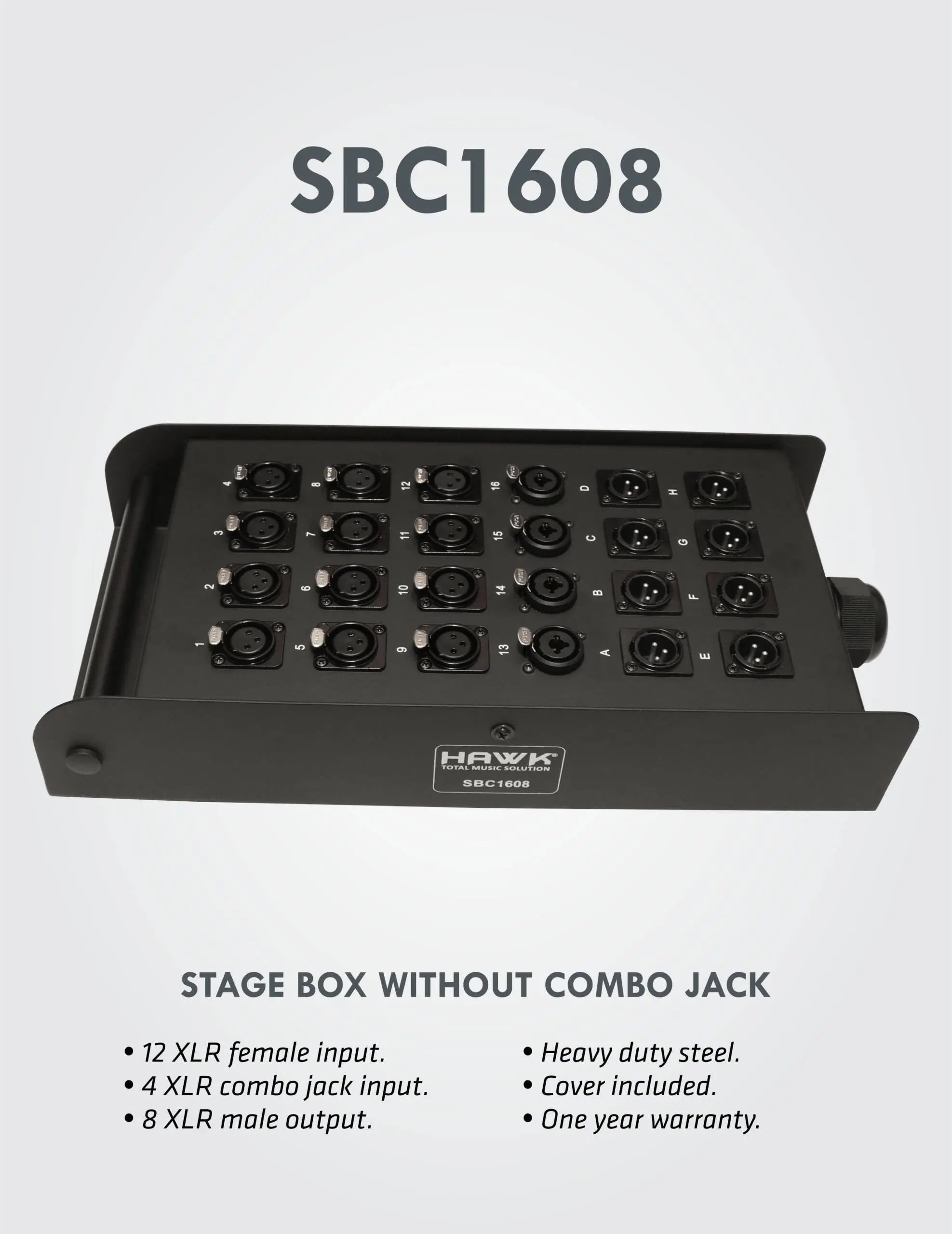 Hawk SBC1608 heavy-duty stage box with 16 inputs and 8 XLR male outputs
